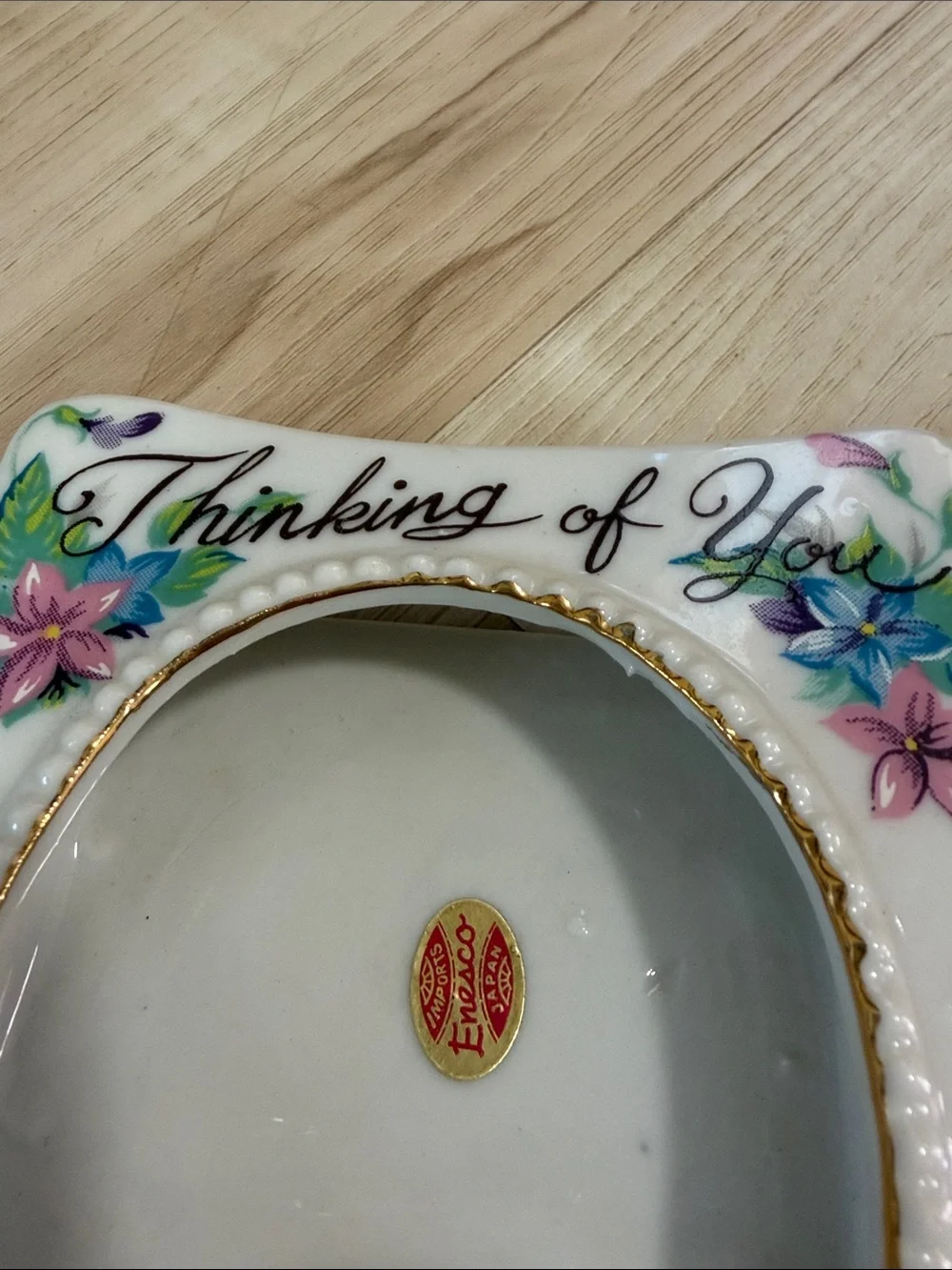 Vintage Enesco Japan Thinking of You Porcelain Picture Frame Floral Gold Trim
